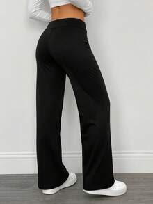 SHEIN PETITE 2件組女款休閒高腰翻摺寬腿直筒褲，適合夏季，適合嬌小女性 - 黑色 - 查看 2