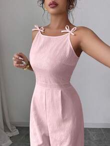 SHEIN Tall 女士蝴蝶结雏菊刺绣面料腰部喇叭裤连体裤，优雅廓形，适合日常通勤 - 粉色 - 查看 7