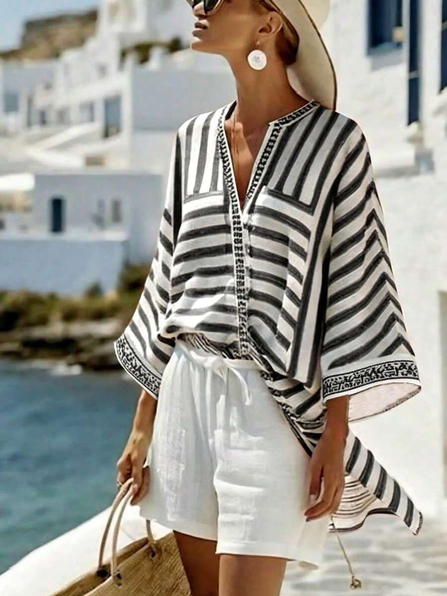 Wandoria Elegant Urban Chic New Arrival Women's Spring/Summer Red & White Striped V-Neck Loose Bohemian Style Midi Dress, Suitable For Daily Wear, Weddings, Galas, Commute, Graduation Parties, Holidays, Vacations, Dates, Parties, Halloween, Christmas, New Year, Thanksgiving, Bridal Shirt - Black - View 1