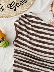 SHEIN 少女夏季休闲度假条纹不对称肩部褶皱腰部T恤 - 棕色 - 查看 6