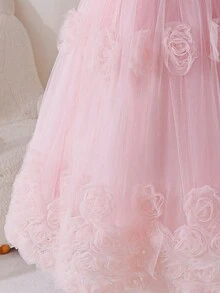 SHEIN Glamorique Kids 少女公主洋裝，花童裙，淡粉色網紗公主洋裝，3D網紗花朵，可愛優雅派對花童洋裝，生日派對，婚禮，婚紗，中東，歐洲和美國，珍珠，背後大蝴蝶結芭蕾舞茶會洋裝，女孩洋裝，芭蕾花童洋裝，迷人兒童洋裝，兒童洋裝，生日女孩，夏季 - 粉色 - 查看 8