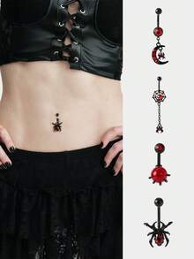 MortiRose 四件套肚脐环黑色蜘蛛吊坠穿刺饰品，哥特/朋克/颓废/暗黑哥特，街头风，夏季/音乐节/舞会/派对，复古，黑色，低过敏性，穿刺饰品，身体饰品 - 黑色 - 查看 1