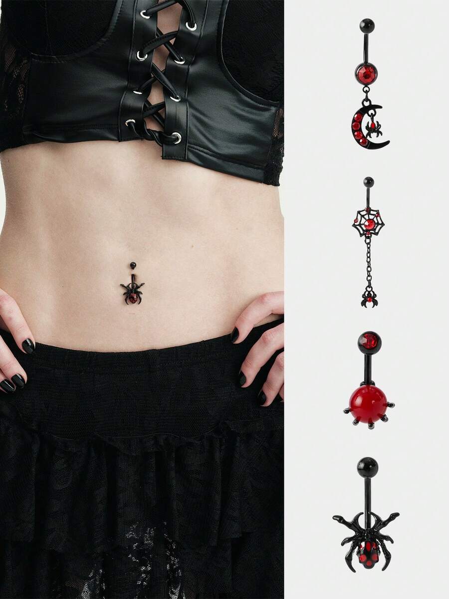 MortiRose 四件套肚脐环黑色蜘蛛吊坠穿刺饰品，哥特/朋克/颓废/暗黑哥特，街头风，夏季/音乐节/舞会/派对，复古，黑色，低过敏性，穿刺饰品，身体饰品 - 黑色 - 查看 1