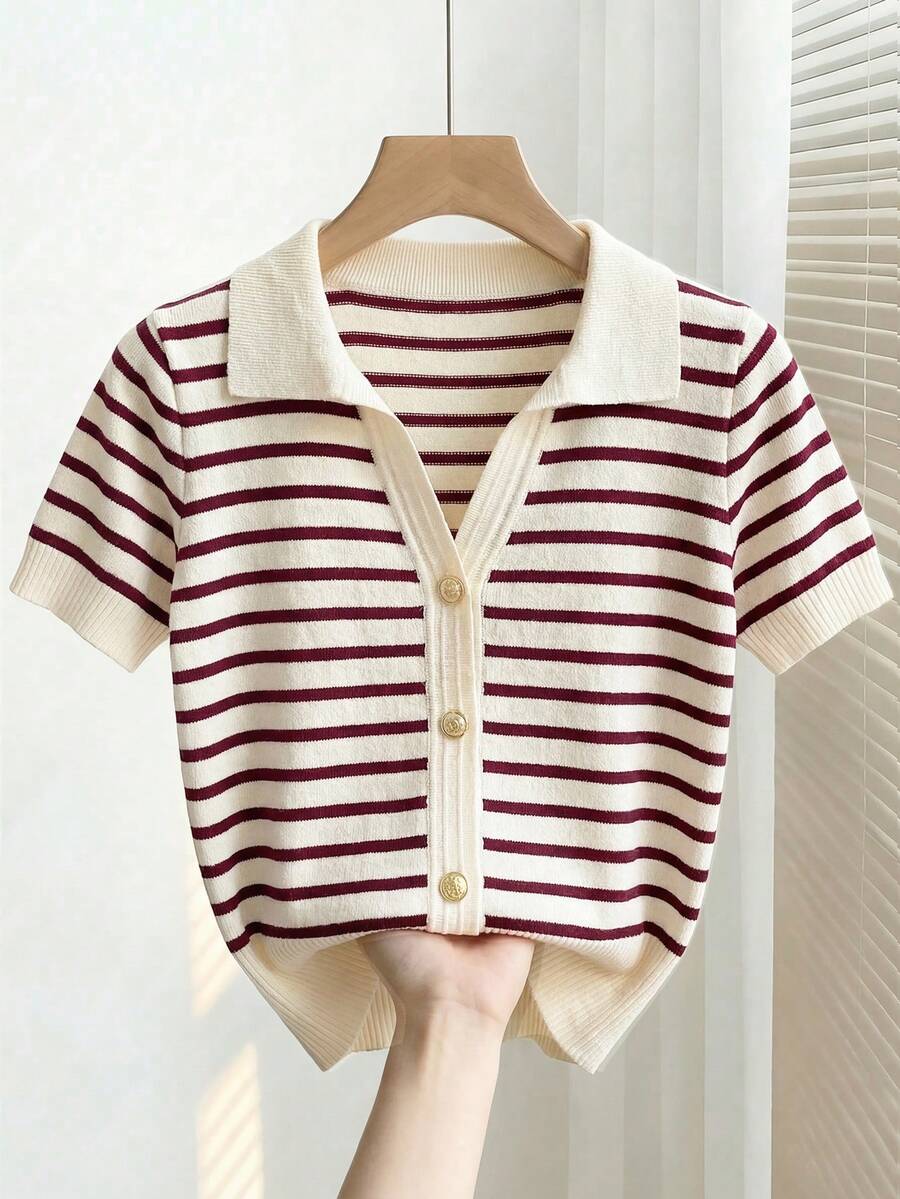 Franclia New Commuting Chic Design Turndown Collar Contrast Color Classic Striped Decor Matching Delicate Metal Button Loose Short Sleeve Knit Top - Multicolor - View 1