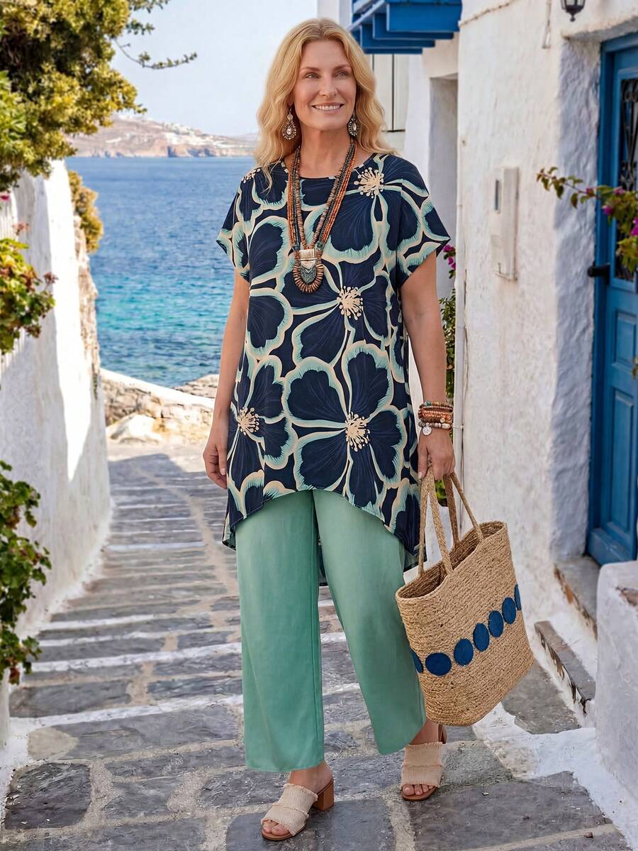 EMERY ROSE Plus Size Women's Casual Floral Print Asymmetrical Hem Loose Top And Straight Leg Pants 2 Piece Set, Suitable For Spring, Summer And Autumn Summer Outfit For Plus Size Women Festival Outfits For Plus Size Women Beach Outfits For Plus Size Women Vacation Outfits Plus Size  Women Country Concert Outfit  Boho Outfit - Multicolor - View 1