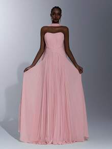 Elitara Đầm chiffon thanh lịch với họa tiết xếp ly, chân váy maxi bồng bềnh không dây vai có đuôi dài, thích hợp cho các buổi hẹn hò, kỳ nghỉ và các dịp trang trọng. - Hồng - Xem 1
