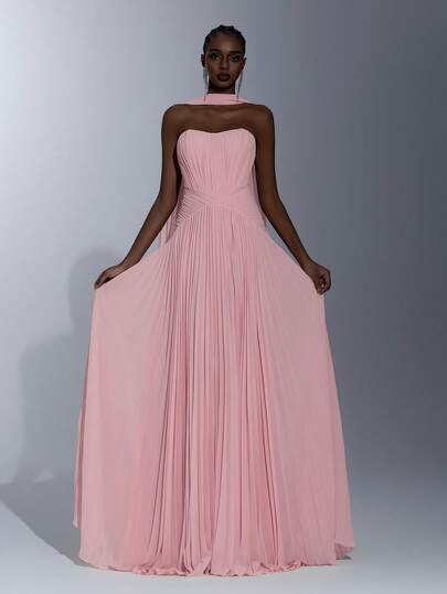 Elitara Đầm chiffon thanh lịch với họa tiết xếp ly, chân váy maxi bồng bềnh không dây vai có đuôi dài, thích hợp cho các buổi hẹn hò, kỳ nghỉ và các dịp trang trọng.