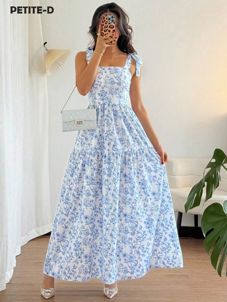 SHEIN PETITE 女款白色與藍色花卉夏季鄉村風度假茶會洋裝,法式波希米亞方領綁帶式分層細肩帶長洋裝,適合嬌小女性 - 藍色 - 查看 1