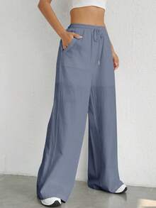 SHEIN Tall CURVE Pantalones de pierna ancha con cintura ajustable para tallas grandes - Neblina azul - Ver 5