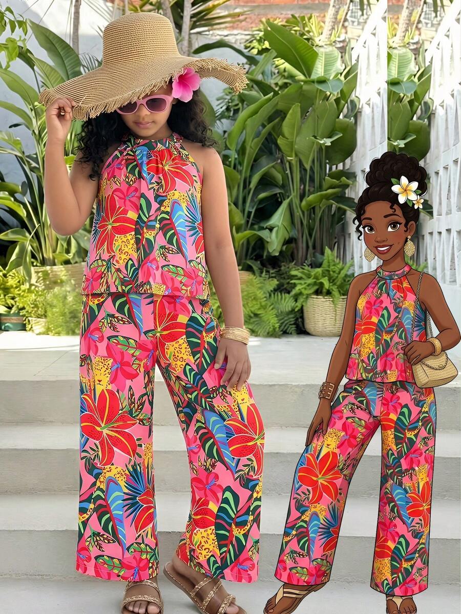 Sparklyn Setelan 2 Potong untuk Liburan Pantai Anak Perempuan: Atasan Halter + Celana Pendek Longgar Motif Bunga - MultiWarna - View 1