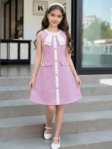 Elladie kids Đầm voan dài ngang gối kiểu công chúa ngọt ngào, tươi tắn và dễ thương, phối màu đen trắng tương phản, cổ tròn, tay ngắn, điểm xuyết hoa trắng 3D, thích hợp cho tiệc sinh nhật, hoạt động ở trường mẫu giáo, dã ngoại hàng ngày, họp mặt gia đình. - Nhiều màu - Xem 4