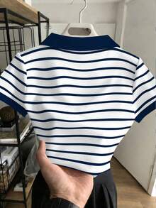 Tween Girl Retro Polo Collar V-Neck Blue And White Stripe Fitted Short Sleeve T-Shirt,Centaur Graphic Summer Casual School Back-To-School Outfits - Multicolor - View 2