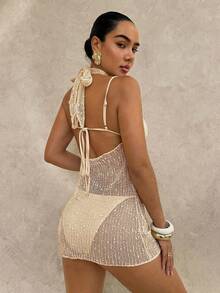 Swim Glamine 女士夏季沙滩纯色吊带性感比基尼套装，含罩衫和挂脖连衣裙 - 黃色 - 查看 2