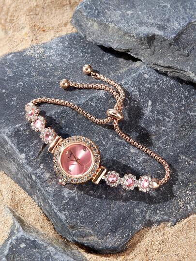 Opalesca 1 件女士粉色水晶串珠抽绳手链，配水晶镶嵌合金表壳，简约钻石刻度表盘，优雅时尚石英表，作为返校学生的礼物