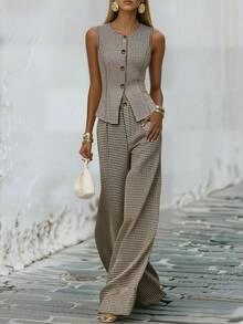 SHEIN PETITE 2026 Vintage Plaid Sleeveless Blazer & Pants Set - High-Waisted Button Detail Chic Versatile Two Pieces For Casual Office Vacation - Multicolor - View 1