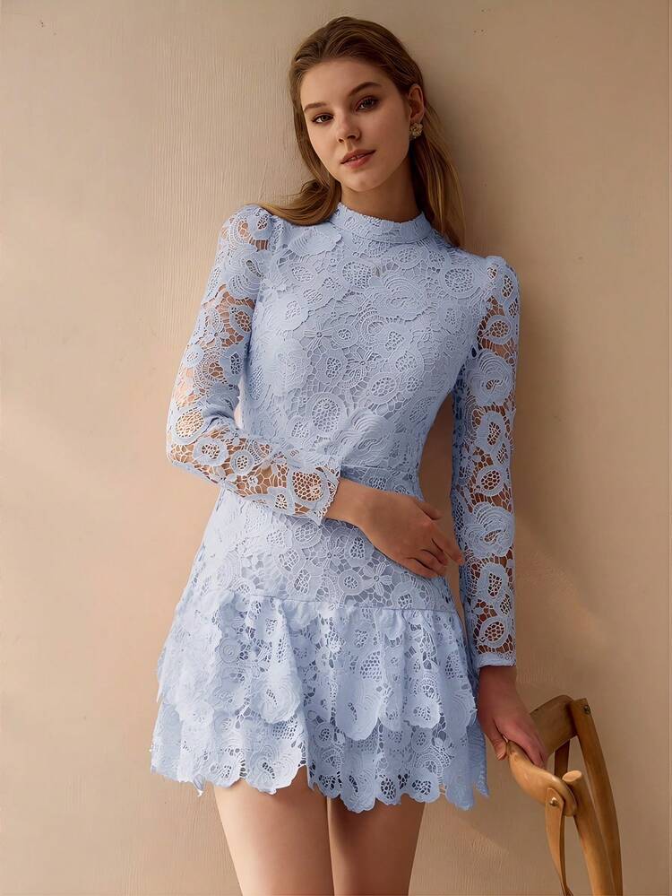 WOMEN'S SHEER LACE STAND COLLAR SHORT DRESS