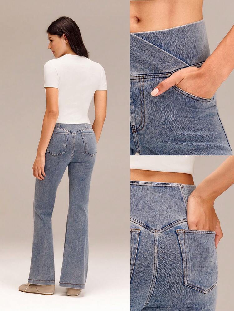 Jeanius Moves Movin' And Groovin' Stretchy Breathable Butt-Lifting Denim Crossover Waist Flare-Leg Pocket Jeggings Daily Casual Wear Fall Winter