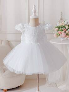 Glamorique Kids 女婴V领蝴蝶结连衣裙，蕾丝花袖，V领薄纱裙摆，适合生日派对、洗礼、花童婚礼等场合。 - 白色 - 查看 4