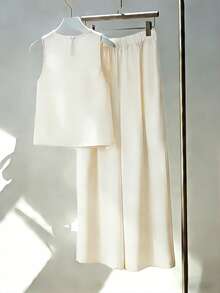 Franclia Bộ đồ hai mảnh kiểu Pháp thường ngày, trang phục công sở, áo không tay màu mơ phối cùng quần ống rộng xếp lớp, bộ đồ hai mảnh mùa hè dành cho nữ, trang phục thường ngày cho kỳ nghỉ hè. - Màu be - Xem 2