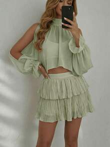 SHEIN Glamour French Elegant Chiffon Cover Up Layered Ruffle Skirt 2 Pieces Set, Loose Drop Shoulder Midriff Cutout Design To Flatter Shoulders Legs, Suitable For Casual, Daily, Commute, Hanging Out With Friends Party Sage Green Summmer - Green - View 4