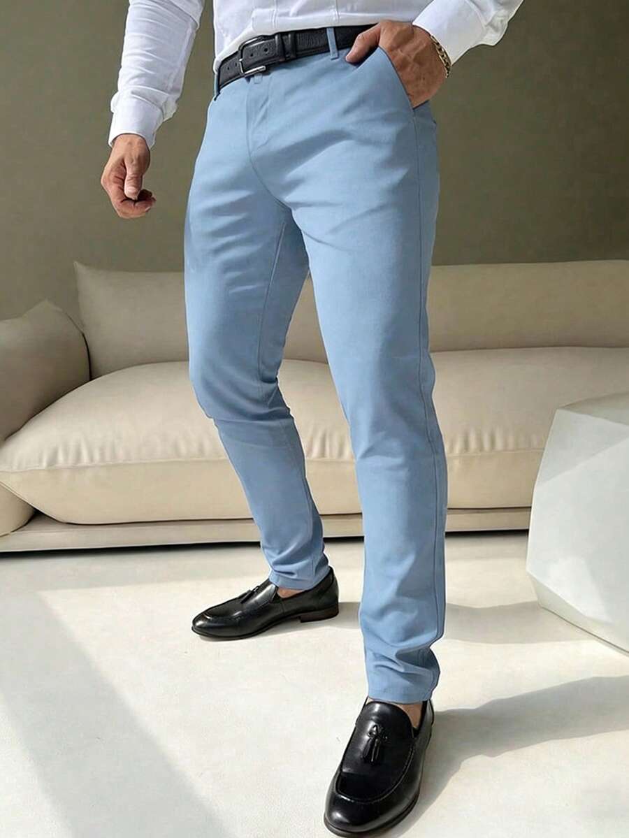 Manfinity Mode Quần dài nam màu trơn, kiểu dáng thường ngày, có túi và đai quần. - Màu xanh nhạt - Xem 1