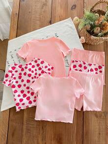 SHEIN LMoss Kids Baby Girl Cute Cartoon Strawberry Pattern Ruffle Trim Round Neck Short Sleeve Shorts Soft Knit Pajama Set, 6pcs - Multicolor - View 2