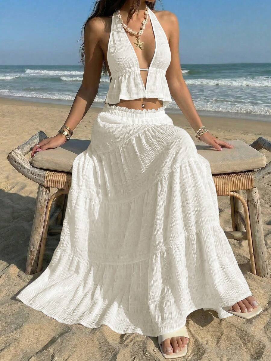 Sunnyshic White Bubble Textured V-Neck Halter Backless Crop Top And High Waist Ruffle Hem Loose Skirt 2 Piece Set, Elegant Romantic Vacation Party Minimalist Casual Daily Wear - Apricot - View 1