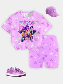 Elladie kids 春夏少女休闲时尚创意个性清新可爱白紫色五角星图案，虚拟少女团体彩色五角星图案字母标语印花休闲基础款短袖T恤和骑行短裤套装，舒适日常穿着，适合春、夏、秋季 - 彩色 - 查看 4