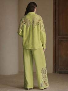 Anewsta Solid Color Hollow Embroidered Shirt Pants Set Vacation Olive Green Autumn Tropical - Green - View 2