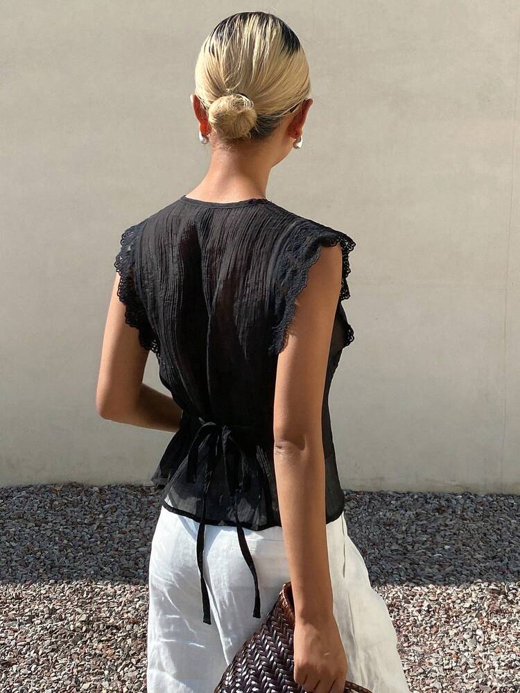 Contrast Lace Deep V Fitted Sleeveless Elegant Summer Thin Shirt Vest For Women