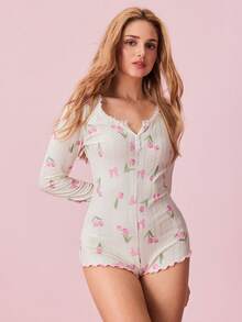 Bonmuse Women's Long Sleeve Tulip Pattern Jacquard Knit Romper Pajamas, For Fall, Winter - White - View 4