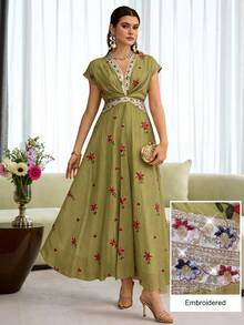 Al Najma Gaun Elegan Wanita Model Mengembang dengan Leher V dan Pinggang Ramping, Bordir - MultiWarna - View 3
