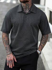 Manfinity CasualCool 男士提花落肩休闲短袖Polo衫 - 黑色 - 查看 1