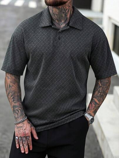 Manfinity CasualCool Men's Jacquard Dropped Shoulder Casual Short Sleeve Polo Shirt,Men Old Money,Daily Leisure, Weekend Trips, Outdoor Activities, Travel Expeditions, Relaxed Work Environments Or Semi-Formal Occasions, Boyfriend/Husband Gift, Anniversary /Birthday Gift Party Summer Vacation Holiday,Wedding,Spring To Summer,Easter,Y2k,Vintage,Mens Stylish Grey Jacquard Polo Shirt Short Sleeve Button Down Casual Top,Collared Shirt Men Streetwear,Mens Clothes Polo,Mesh Mens Shirt,Mens Goth Shirt,Gilded Age Clothing For Men