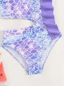 SHEIN Tween Girl Fish Scales Print Ruffle Trim Cut Out One Piece Swimsuit - Multicolor - View 7