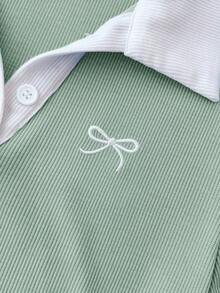 Sage Green,Summer,Elegant,Graduation,Back-To-School Kids Teen Girls Contrast Collar Ribbed Knit Butterfly Embroidery Snug Fit Casual Button Dress - Mint Green - View 5