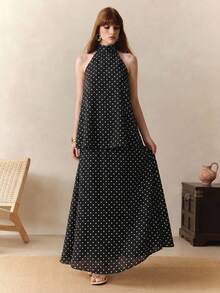 Arave 法式波点无袖上衣和半裙套装，适合通勤和度假 - 黑色 - 查看 5