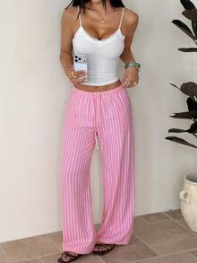 SHEIN PETITE 女士夏季度假粉色条纹印花抽绳腰长裤 - 粉色 - 查看 1