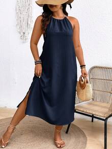 SHEIN Frenchy Plus Size Backless Halter Neck Tie Split Beach Vacation Hawaiian Dress For Women - Navy Blue - View 3