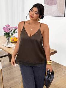 Lounesse Plus Size Women Lace Patchwork Camisole, Sexy & Romantic Sleeveless Top For Daily Wear, Commuting & Outing Cami Top For Women Brown Cami Top Silky Tops For Women Blouse For Women Casual Elegant - Brown - View 3