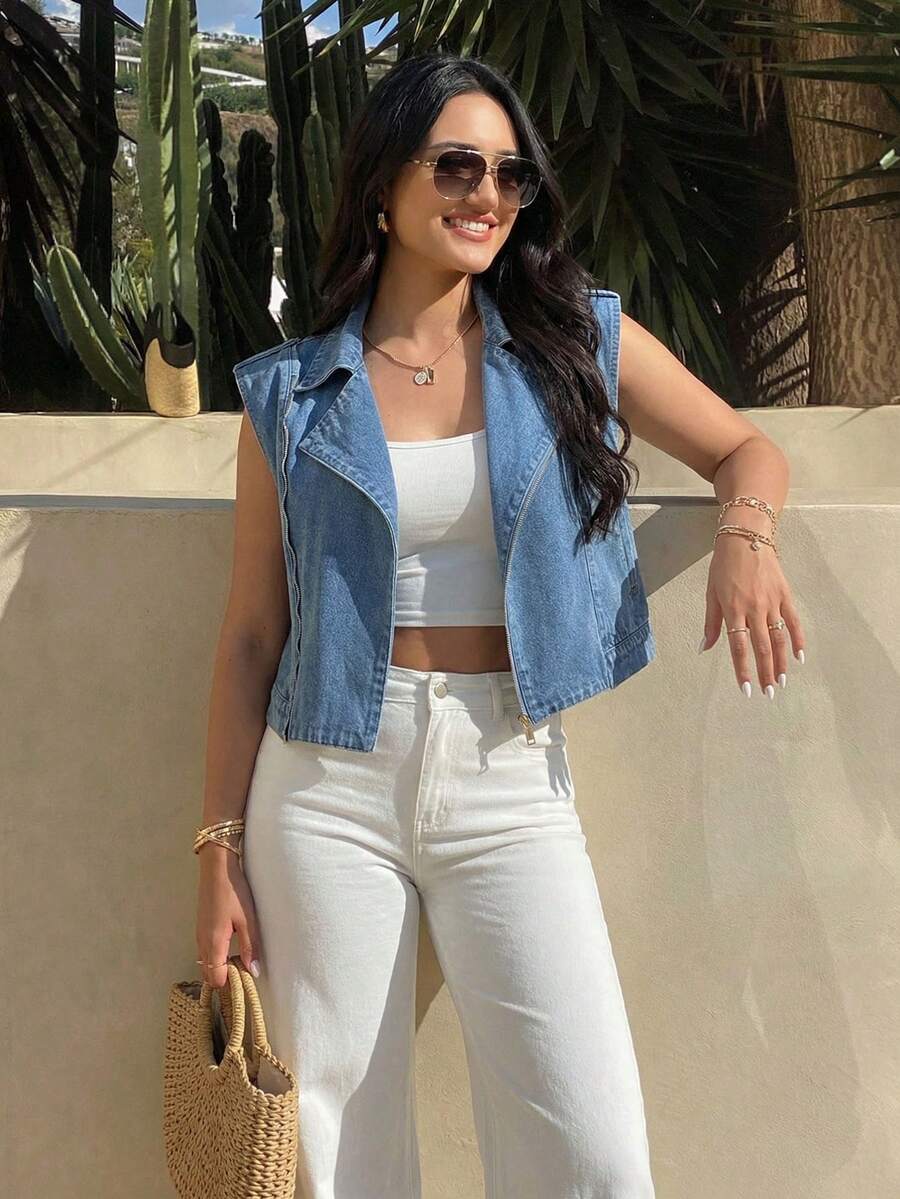 Rivivi 夏季女士休闲无袖牛仔外套 - 淺色水洗藍 - 查看 1