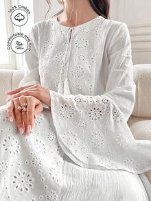 Yasmyna 夏季撞色孔眼刺绣喇叭袖连衣裙，适度长袖超长夏季卡夫坦束腰连衣裙 - 白色 - 查看 2
