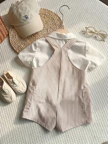 SHEIN Newborn Baby Boy/Girl Cute Striped Pattern Romper, Versatile For Spring/Summer Indoor, Outdoor, Daily, Sports, Play, Party, Photo Shoot, Holiday - Khaki - View 2