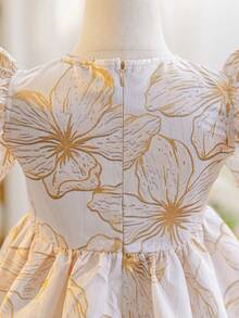 SHEIN 1 Paquete Vestido de niña joven casual, simple, hermoso, lindo y elegante con estampado floral de jacquard dorado, adecuado para fiestas de cumpleaños, fiestas de noche, actuaciones, bodas, bautizos, ceremonias de apertura, juegos, fiestas, sesiones de fotos, vacaciones, festivales, uso diario, viajes, primavera, otoño e invierno - Albaricoque - Ver 3