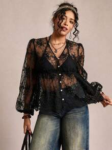 Freevana Blusa holgada de mujer talla grande con mangas farol, transparente y bordada, ideal para vacaciones de primavera/verano - Negro - Ver 6