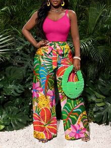 Slaydiva Top de tirantes casual de estilo vacacional en color rosa, combinado con un conjunto de 2 piezas con estampado tropical colorido y de leopardo, adecuado para primavera/verano y vacaciones - Multicolor - Ver 3