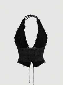 ROMWE Women's Vintage Dark Gothic Cross Pendant Sexy Plus Size Denim Blouse - Black - View 2