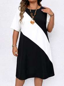 EMERY ROSE Vestido casual de verano de talla grande con bloques de color y parches - Blanco y Negro - Ver 5