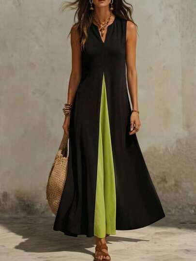 EMERY ROSE 女式夏季无袖休闲拼色连衣裙，V 领，超长女装