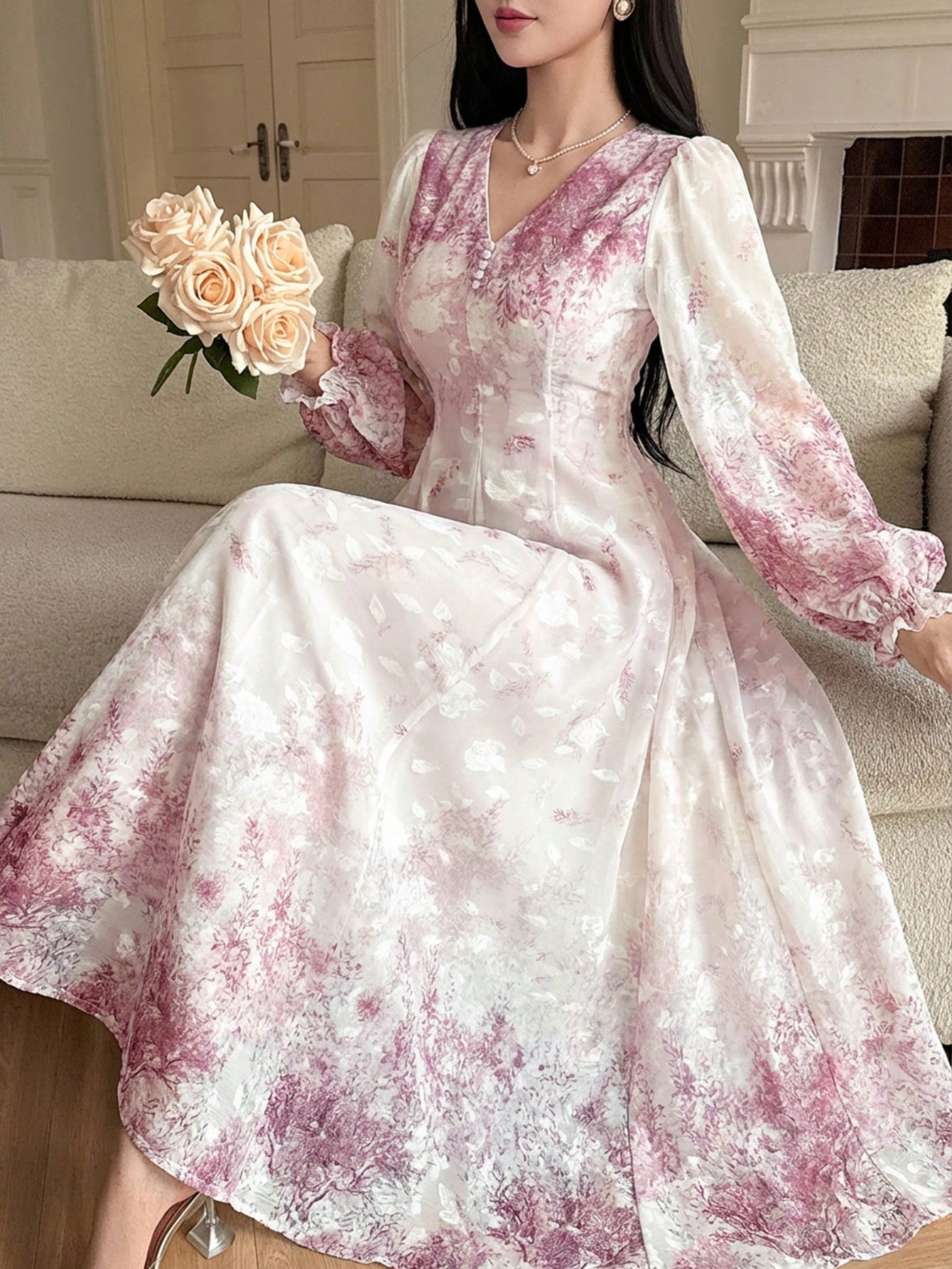 DAZY فستان أنيق متوسط الطول بياقة على شكل حرف V وأ...